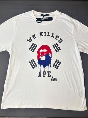 Hudson Jeans White Short Sleeve Graphic Tee with Red & Blue Ape Print